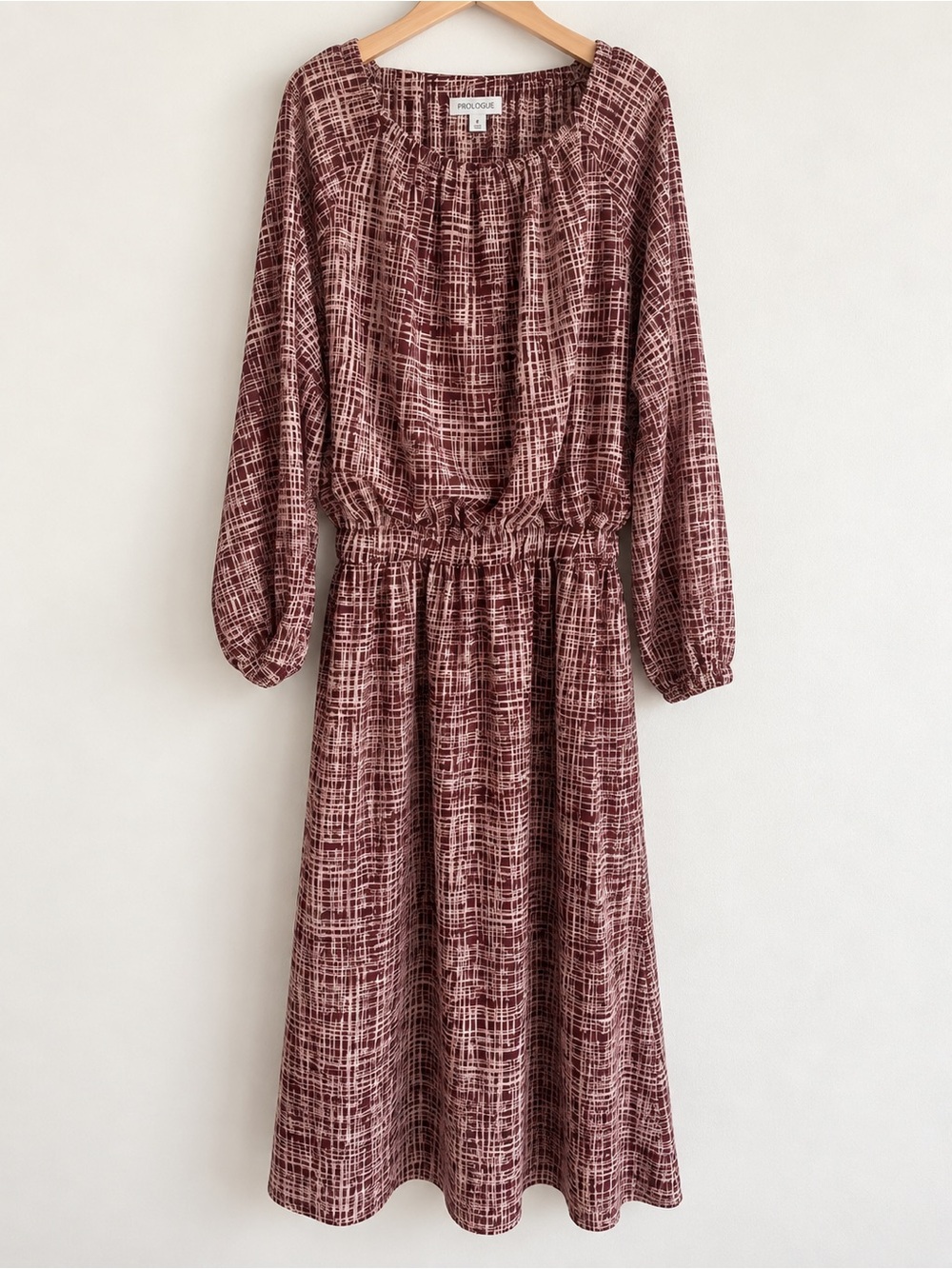 Prologue Maroon & Cream Long Sleeve Patterned Midi Dress